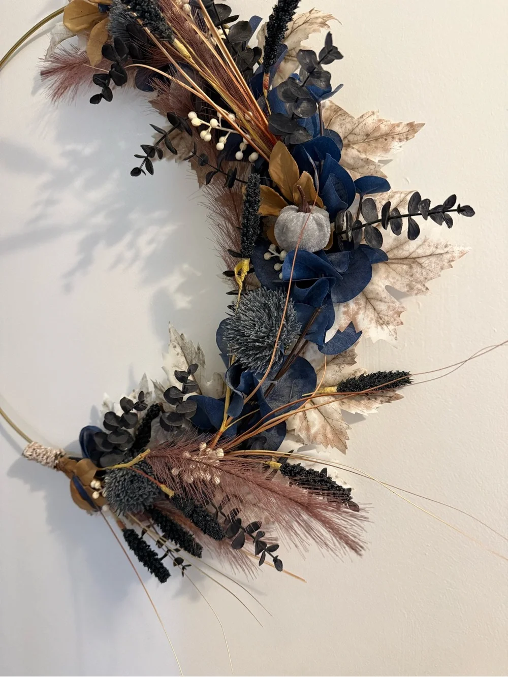 20” Gold Hoop Faux Floral Fall Wreath Navy Blush Mustard Velvet Pumpkins